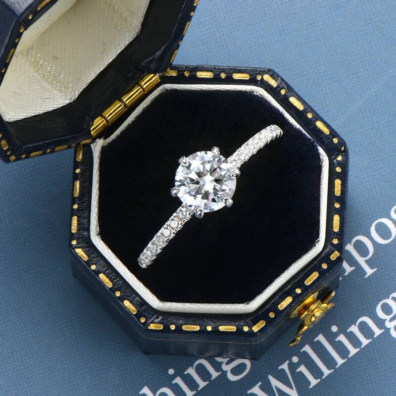 Anziw 100% 925 Silver 1CT 6.5mm Round Moissanite Wedding Rings Engagement Promise Finger Ring GRA Certified Jewelry For Women