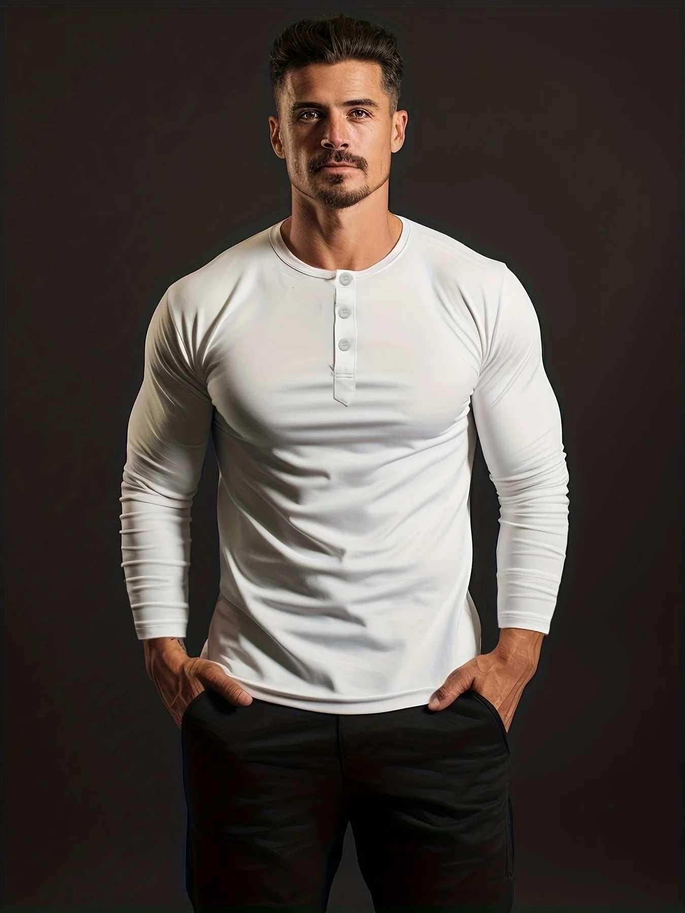 New Bodybuilding Long Sleeve Henley T-Shirt Sports Stretch Casual Base Shirt XJ250804