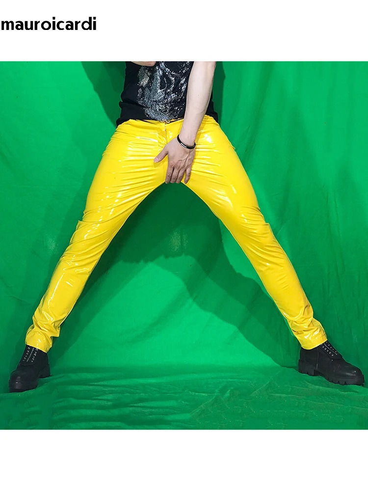 Mauroicardi Spring Skinny Sexy Shiny Reflective Stretchy Thin Orange Yellow Blue Patent Pu Leather Pants Men Y2K Streetwear 250813