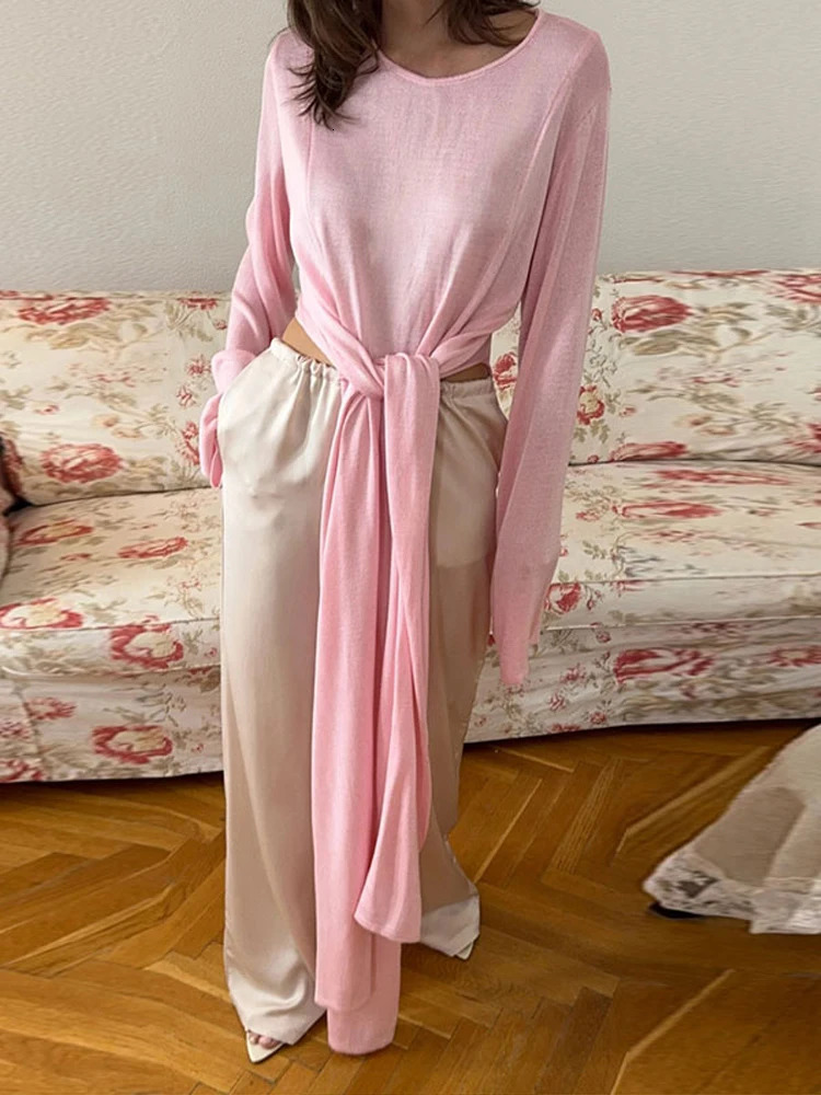 Chic Bow Lace Up Solid Sweater For Women Ribbons O-neck Full Flare Sleeve Tops 2025 Autumn Elegant Female Daily Casual Outerwear 250813