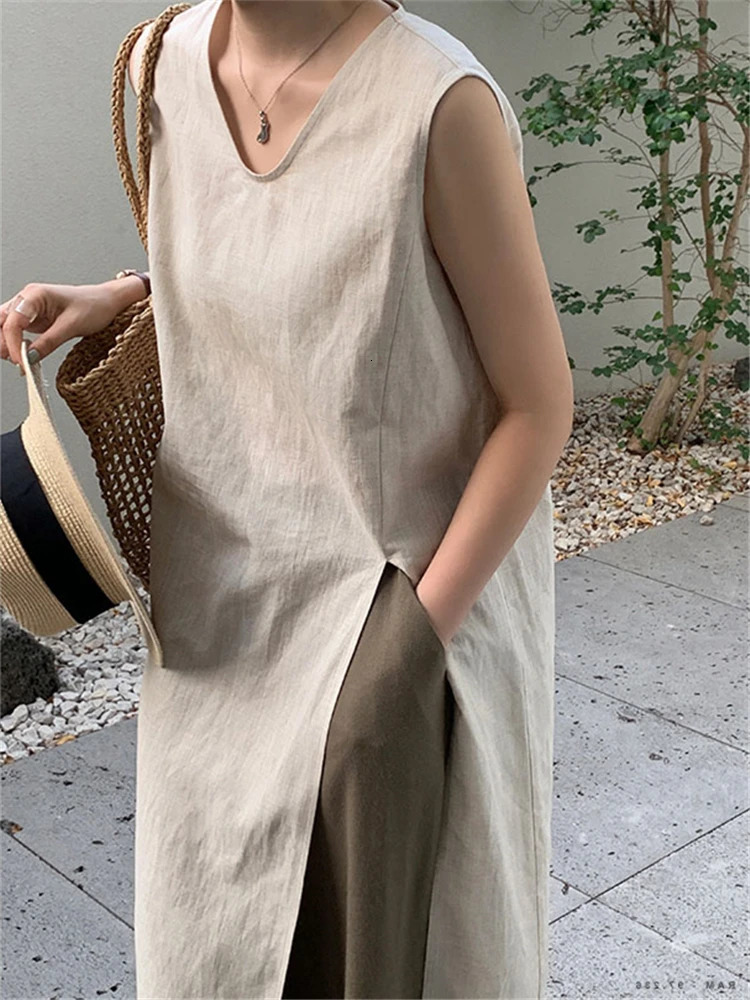 REALEFT Summer Vintage Cotton Linen Womens Dresses Sleeveless High Waist Casual V-Neck Side Split A-Line Dress Female 250813