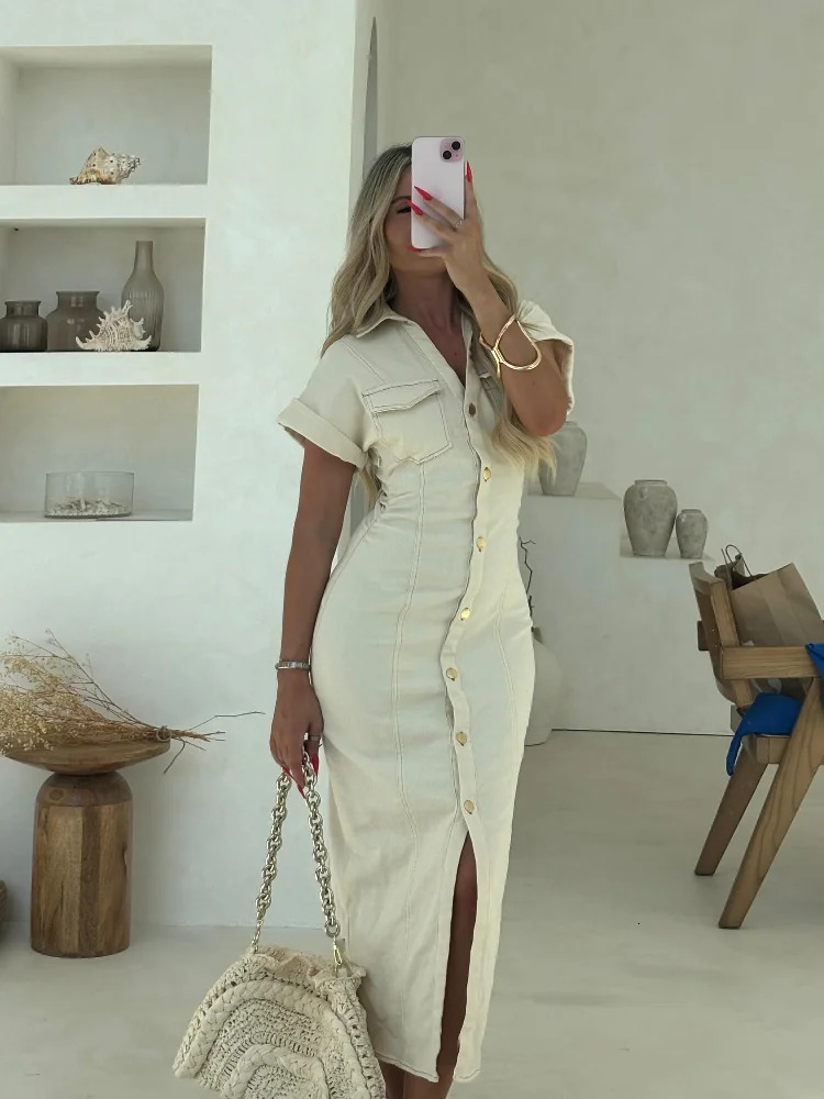 White Single Breasted Denim Dress Womens Elegant Short Sleeve Lapel Bodycon Vestidos 2025 Female Commute Street Robes Summer 250813
