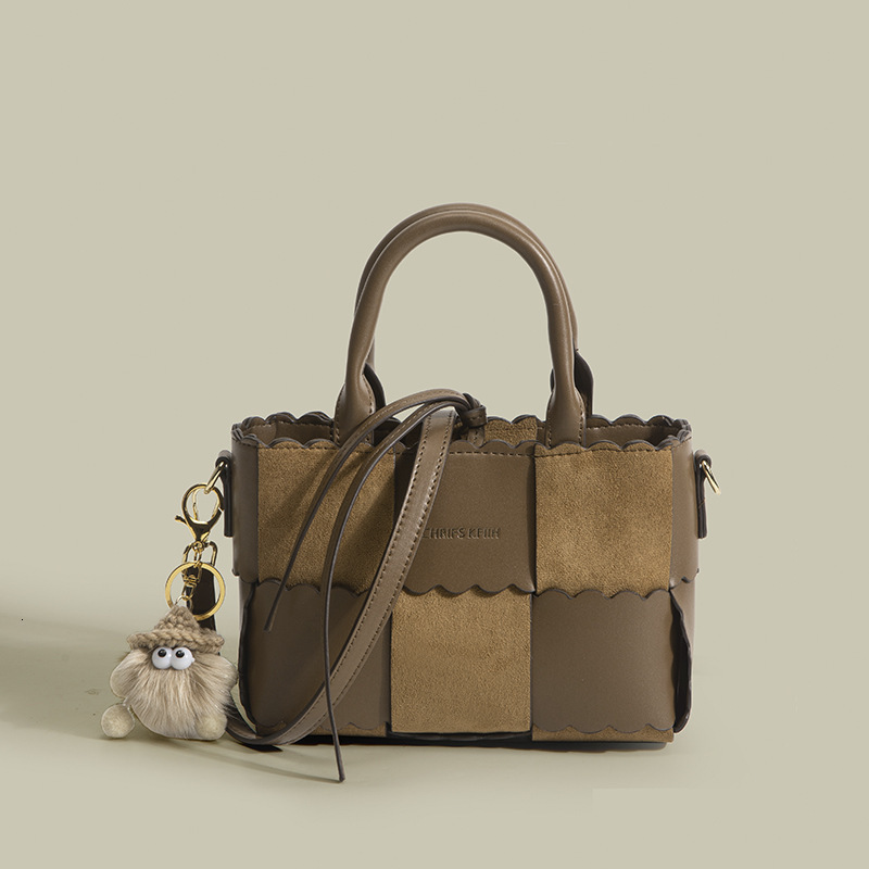 Brown Plaid Handbag Crossbody for Women Fashion Versatile with Pendant Color-Block Woven Shoulder Bag