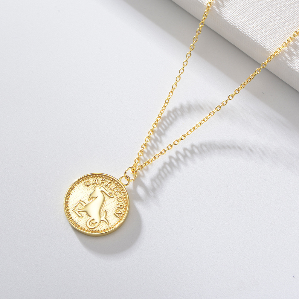S Pure Sier Gold-Plated Coin Zodiac Necklace for Women Pendant Ins Style Trend Collarbone Chain