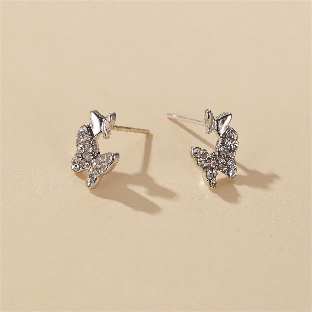 Korean Version Classic Elegant Two Butterflies Sweet Light Simple Rhinestone Butterfly Stud Earrings