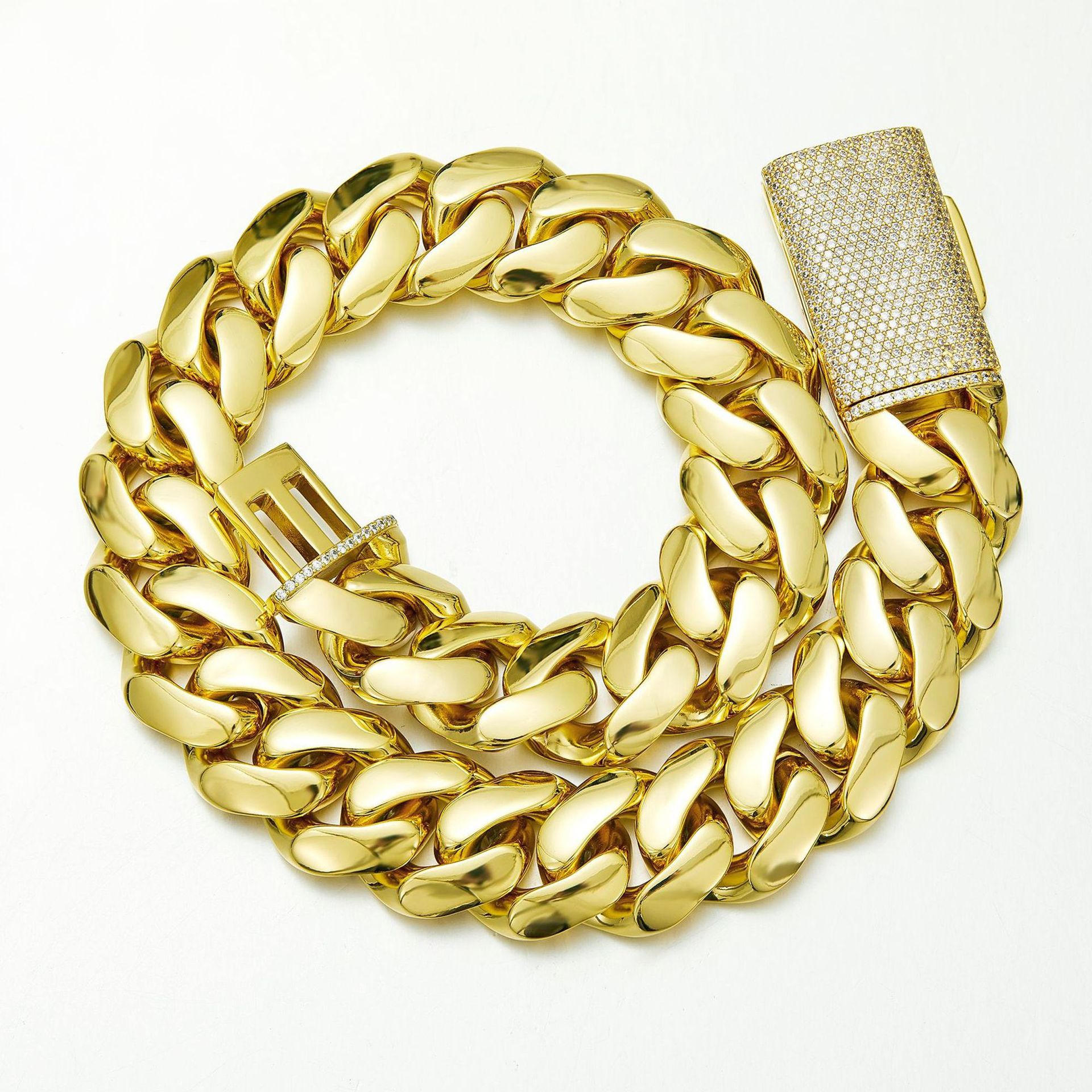 8-22mm Stainless Steel Miami Cuban Chain Copper Clasp 14K Gold Plated Jewelry Mens Necklace Jewelry