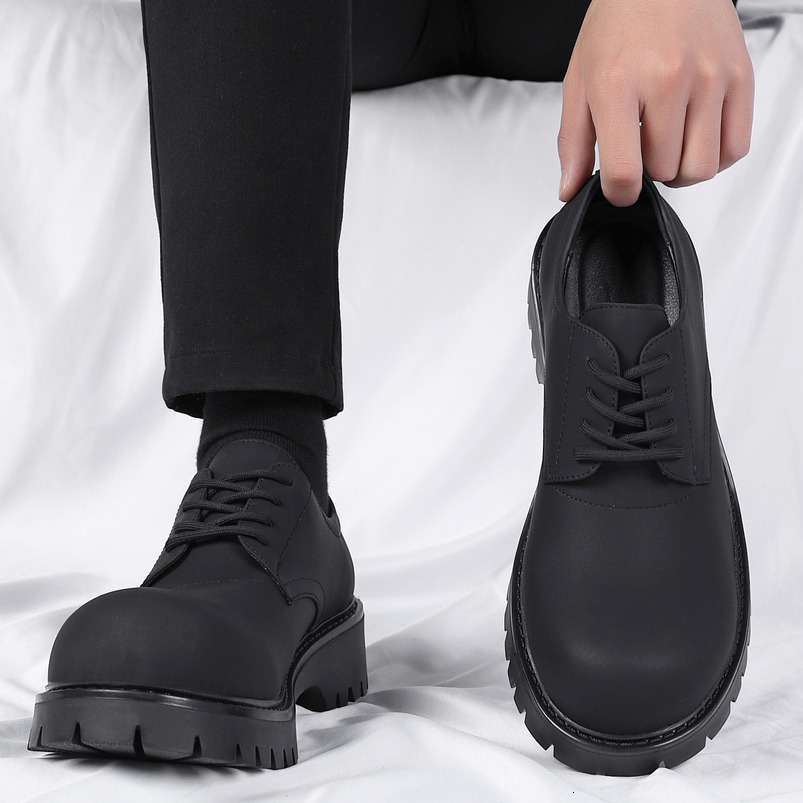 Derby for Men Spring New Black Matte Business Formal Versatile Height Increasing Thick Sole Round Large Toe Men's Leather Shoes