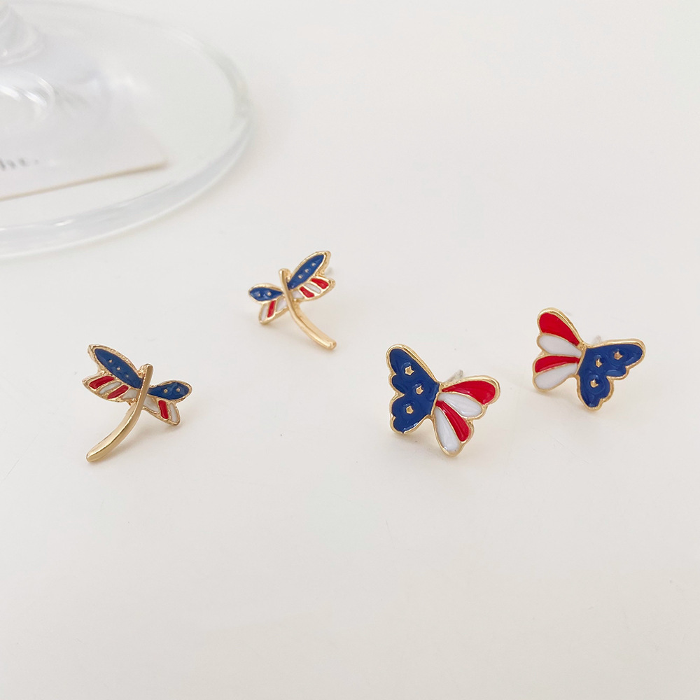 New American Flag Sweet Colorful Three Stars Dragoy Butterfly Stud Earrings