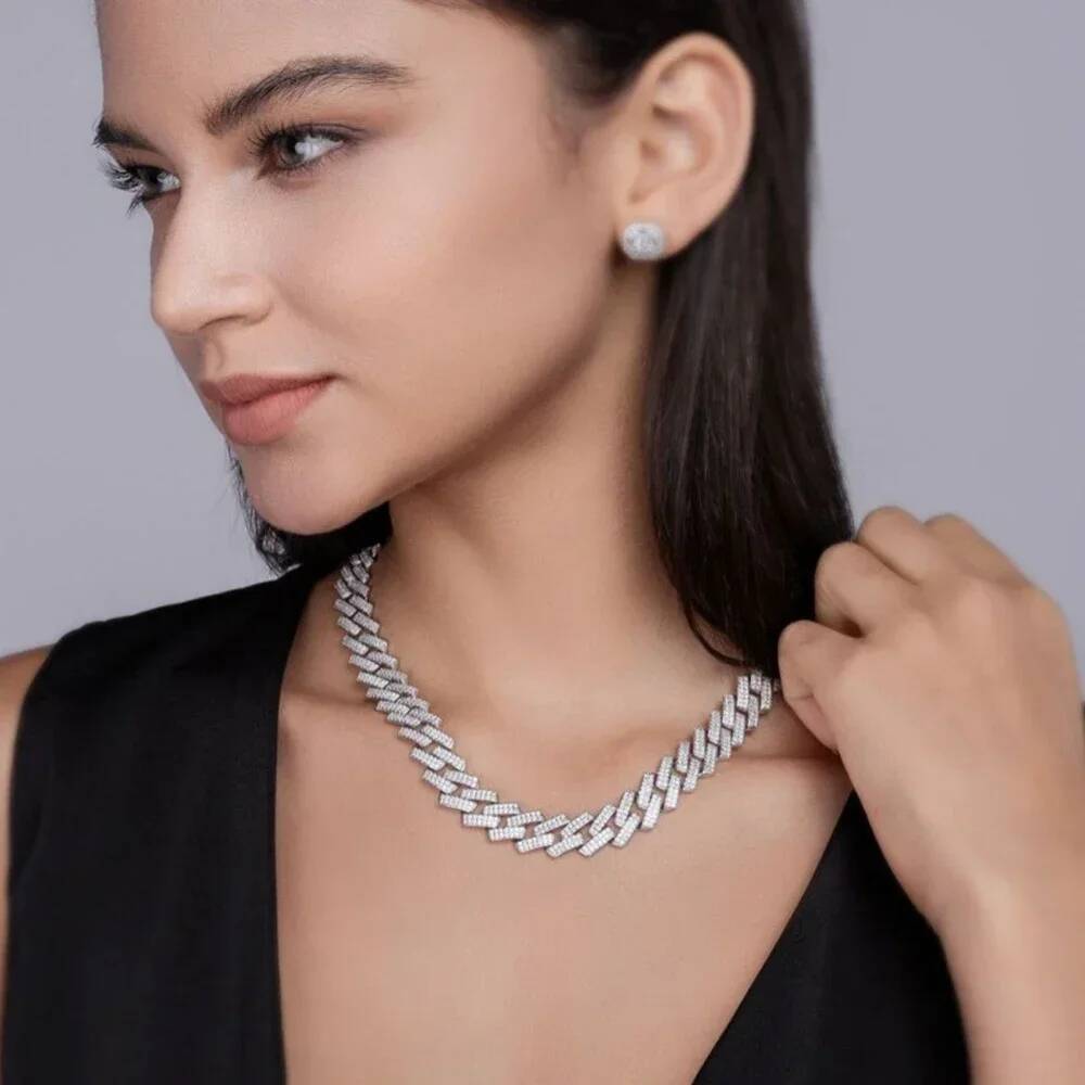 14mm D Color Full Moissanite Cuban Chain Necklace Bracelet for Men Women 925 Sterling Silver Hiphop 2 Row Stone Cuban Jewelry