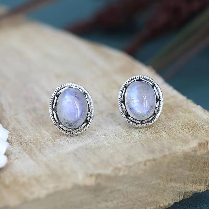 Natural Rainbow Moonstone Oval Loose Bohemian Style Fashion Earrings Pure Sier Fine Jewelry for Women