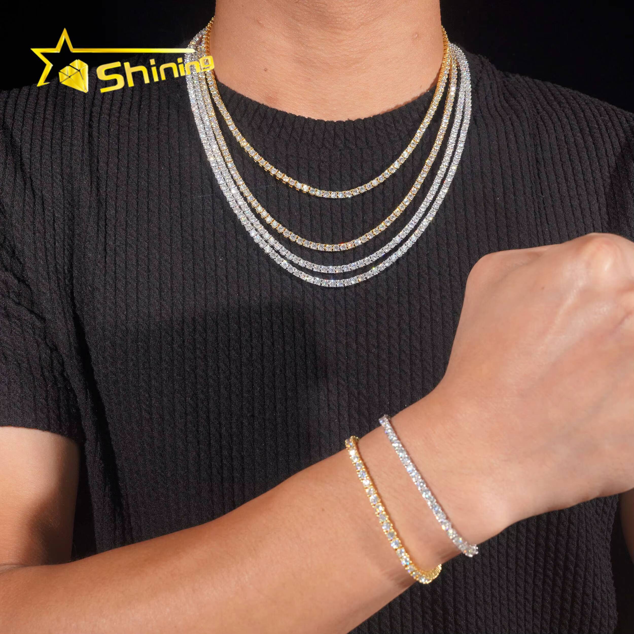 USA Warehouse Large Stock GRA Cert 3MM Solid Sier Hip Hop Iced Out VVS Moissanite Dia Tennis Chain Bracelet Necklace