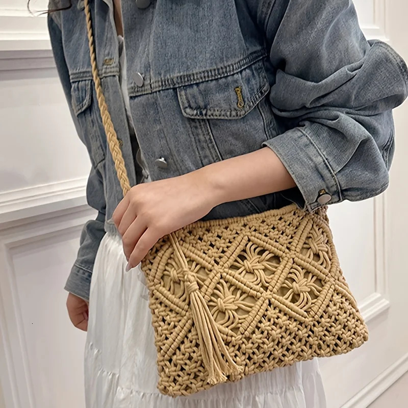 1pc Boho Chic Handwoven Shoulder Bag for WomenHandwoven Cotton with Zipper Tassel DetailsBeach Bagfor TravelCasual Outings250813