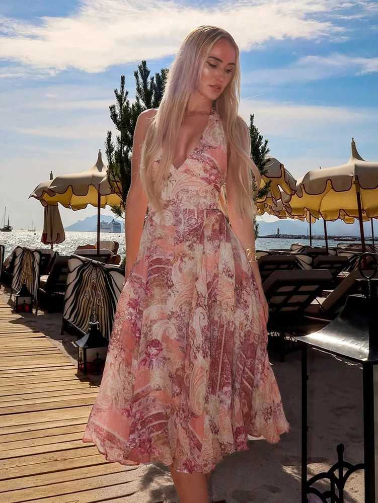 Floral Print Halter High Waist Flowy Midi Dress for Beach School/Graduation Evening Dating Backless XJ250814