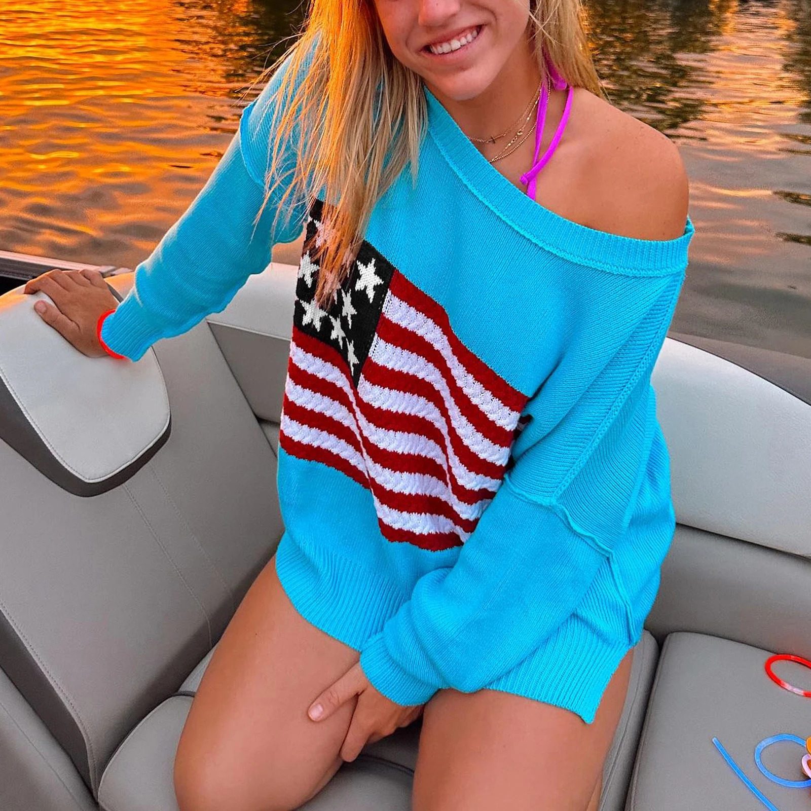 Combhasaki Women Oversized Knitwear Sweater Tops Long Sleeve Round Neck Flag Print Contrast Color Loose Fit Pullover Jumpers 250808