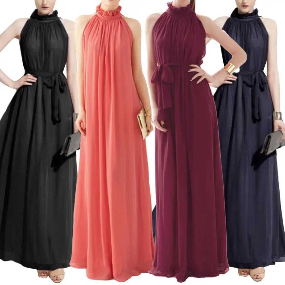 Halter Neck Dress Lace Up Sleeveless Club Party Dress Sexy Ruffled Evening Party Maxi Dress Prom Gown Beach Dresses XJ250814