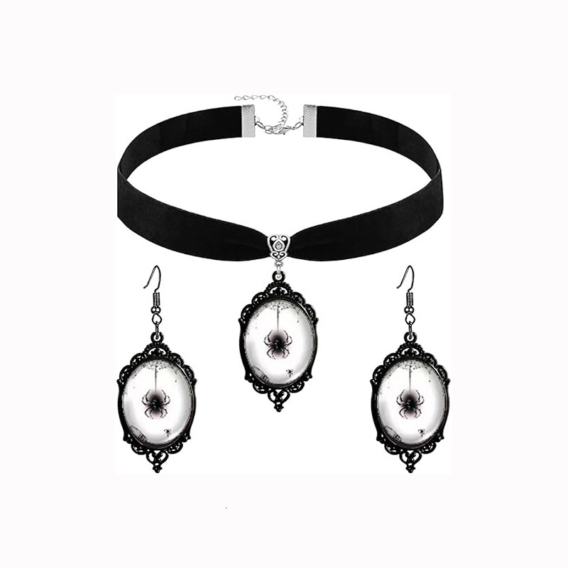 Halloween Time Veet Necklace Earrings Set Gothic Dark Series Choker Accessories