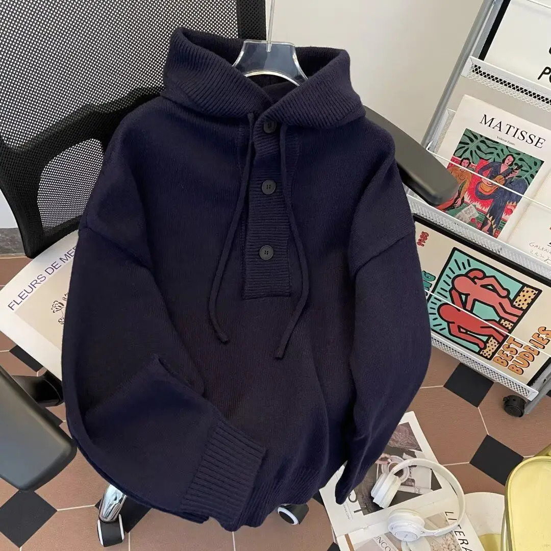 American autumn and winter men and women trendy personalized hooded sweater for couples loose retro knitted casual Harajuku top 250813