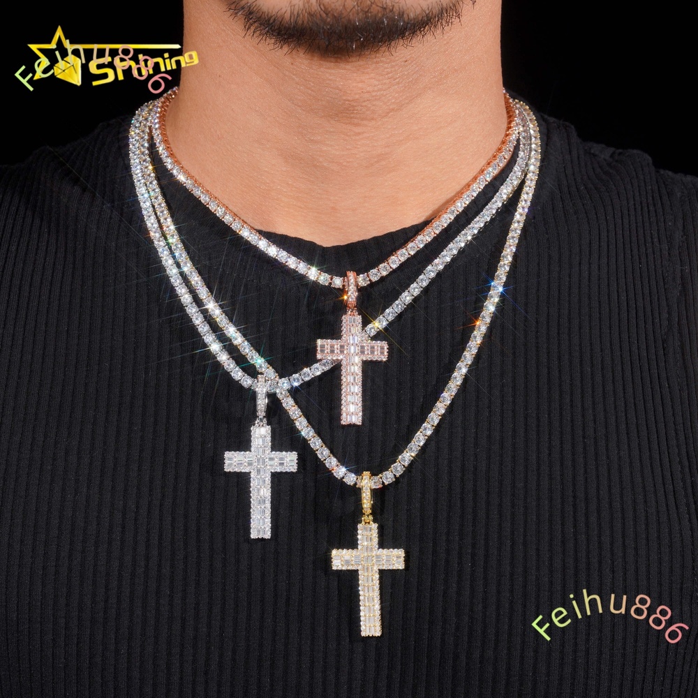 High-end Luxury Baguette Diamond 925 Silver Cross Mens Iced Out Hip Hop Moissanite Pendant for Tennis Chain