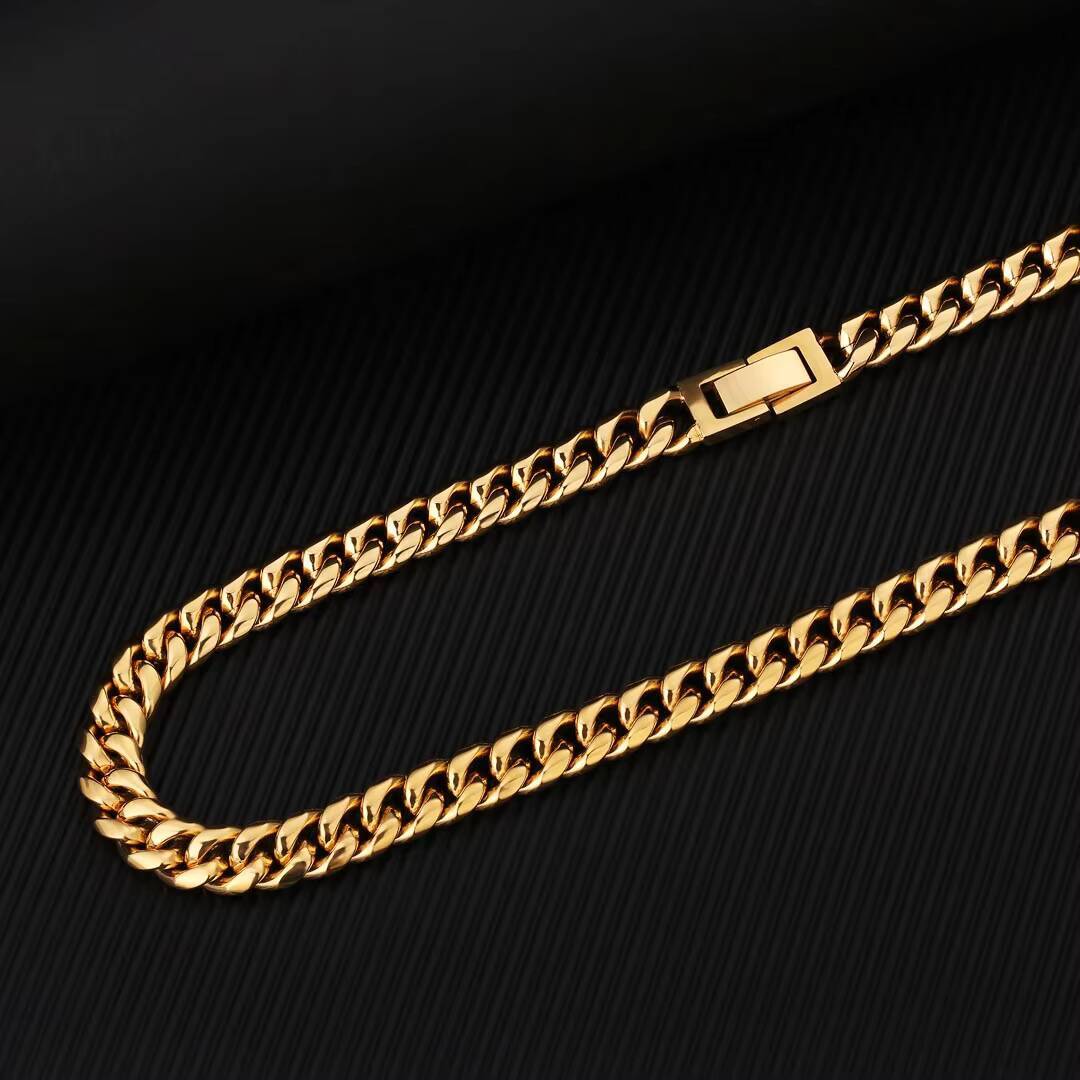KRKC Wholesale Jewelry 8mm 10mm 12mm 18K Gold PVD Stainless Steel Miami Cuban Link Necklace Fold Over Clasp Mens Chains