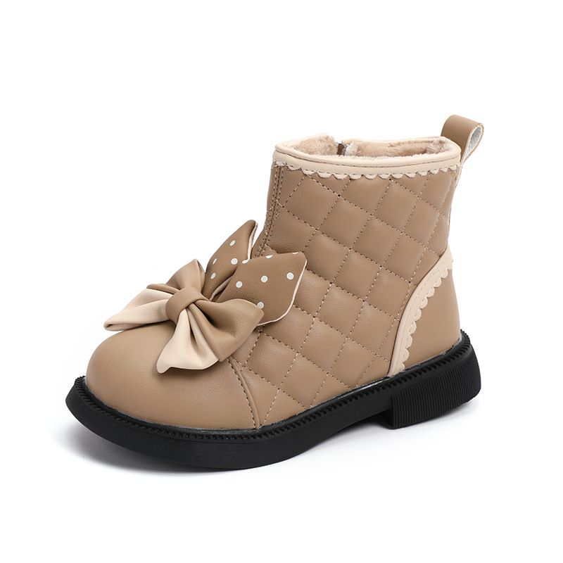 New Toddler Winter Shoes Girls Ankle Boots Bow Grid Booties Princess Cute Snow Boots Kidsnest Kids PU Leather Dress Shoes Sizes US7C-US4Y