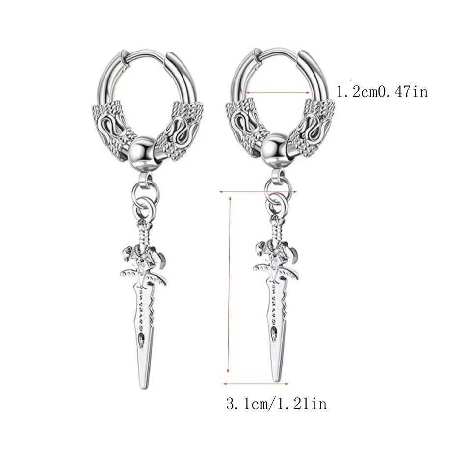 2pcs Stainless Steel Dragon Coil Sword Pendant Drop Hoop Earrings Unique Punk Hip Hop Style for Men Women Daily Wear JewelryXJ250814