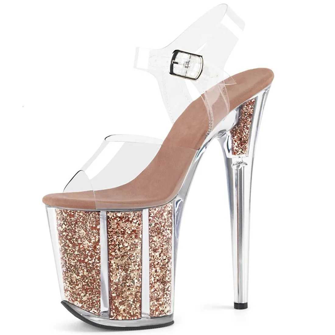 20CM Thin High Heels Stiletto Plus Size Sequins Platform Pumps Summer Crystal PVC Womens Shoes Steel Pipe Dance Sandals W250814