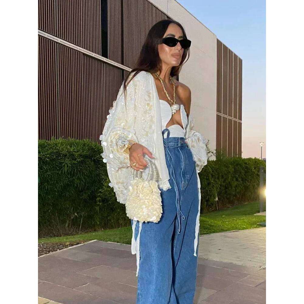 Designer Clothing 2025 Fashion Sparkling Beaded Short Loose Jacket V Neck Long Sleeve Lace Up Cardigans 2025 Spring Female Elegant Streetwear