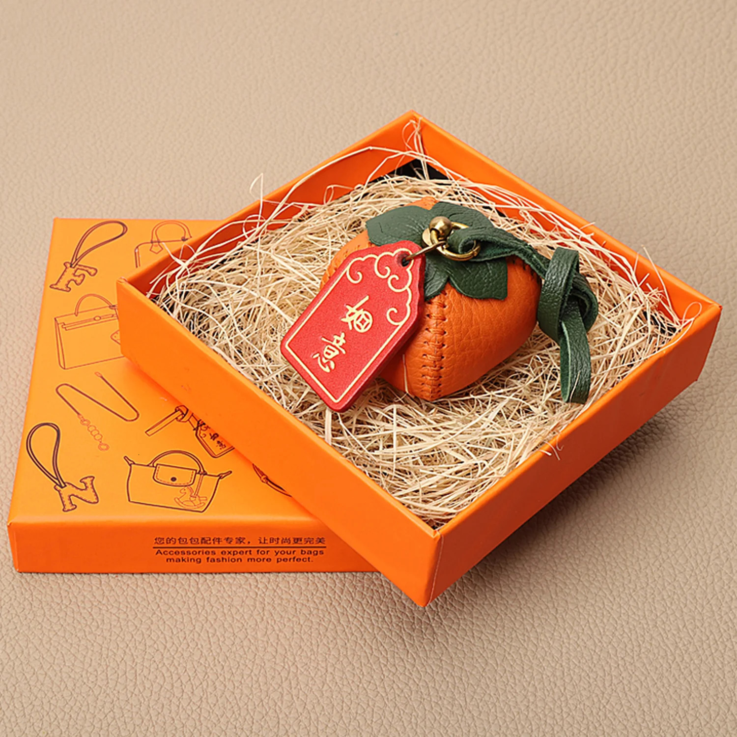 CRAZYSMITH Handmade Genuine Leather Bag Charm Persimmon Keychain Purse Charms Bag Pendant for Handbags Gift Bag Accessories 250813