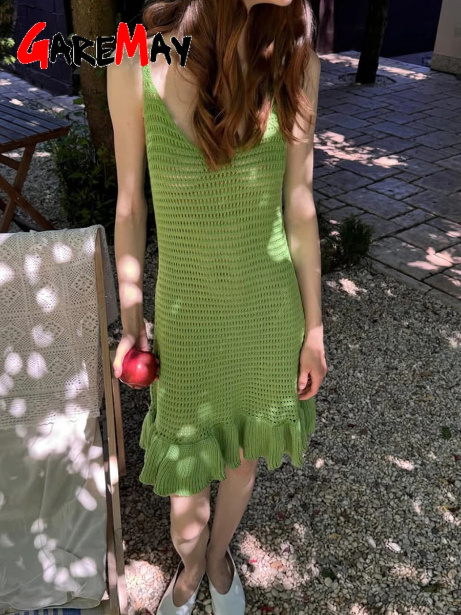 Womens Summer Knitted Dress Cotton Sexy Mini Slip Ribbed Knit Beach Dress Vacation Green Short Ruffle Yellow Dress for Women 250813