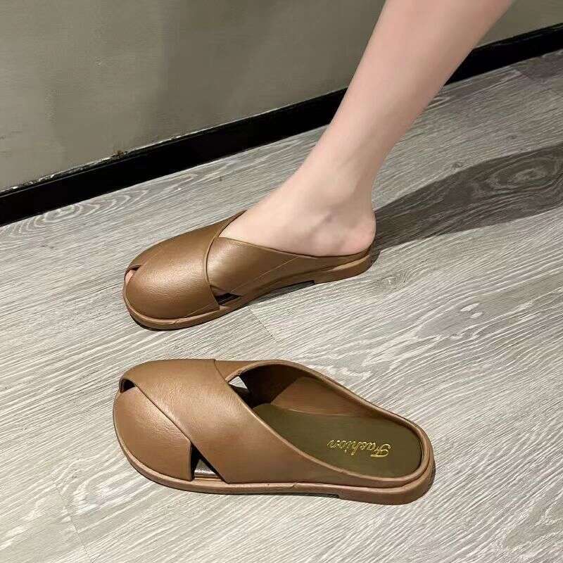 2024 Summer New Peep Internet Celebrity Closed Toe Half Slippers Outdoor Comfortable Lazy Soft Sole Sandals for Women