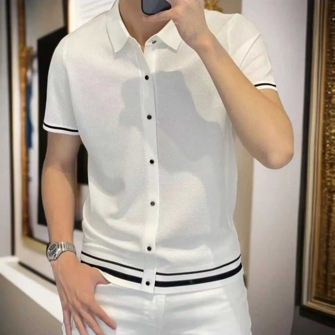 Luxury Fashion Korean Summer Polo Shirts Short Sleeve Patchwork Striped Men Turn-down Collar Slim Thin Paneled All-match Tops XJ250804