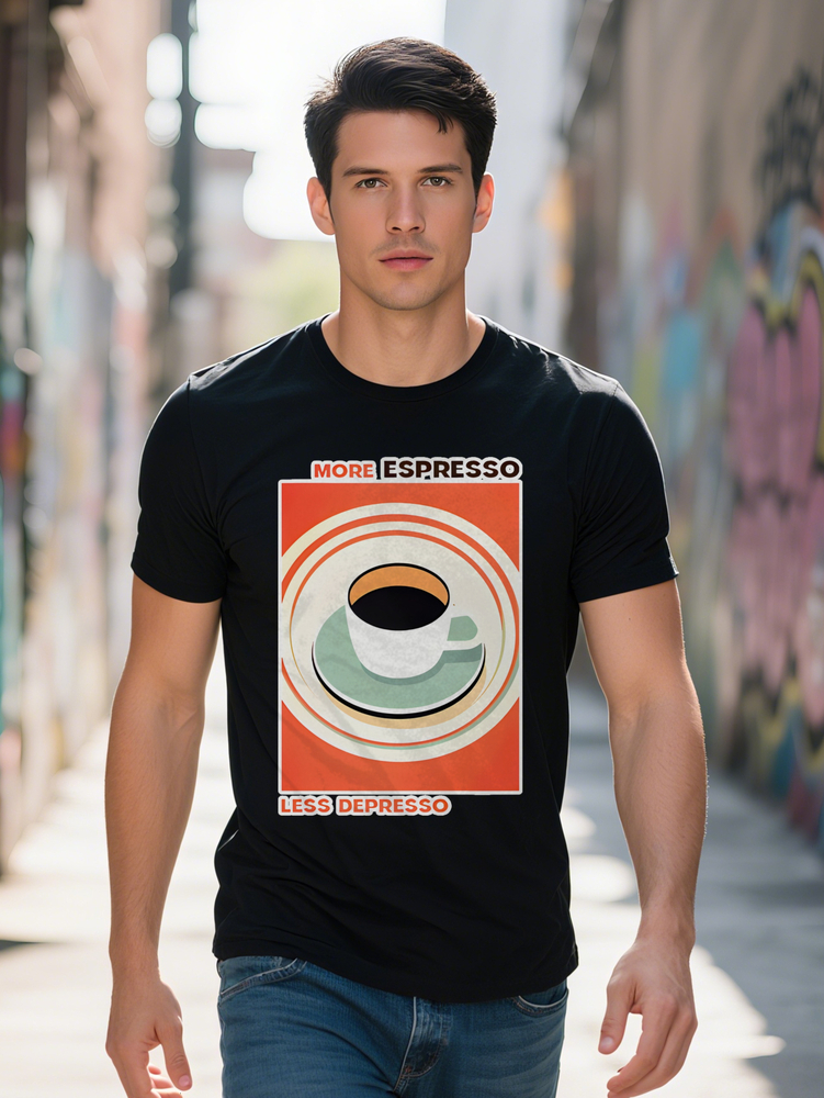 Men S Casual Crew Neck T-Shirt with MORE ESPRESSO Less Depresso Coffee Cup Graphic Playful Design Tee Perfect Gift for