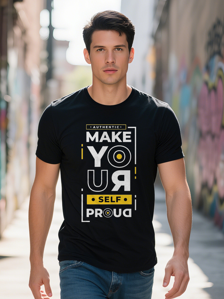 Men S Casual Crew Neck T-Shirt with Make Yourself Proud Yellow Black Design Lightweight Stretchy Perfect for