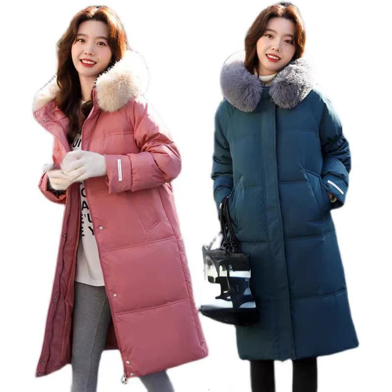 Winter Fall Women Large Fur Collar Loose White Duck Down Feather Coat Woman Korean Fashion Hooded Warm Coats 250811