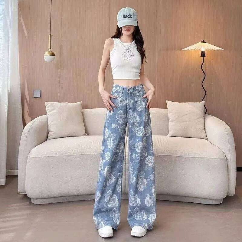 European and American street straight tube slim women high waist jeans punk fashion popular drag pant casual wide leg pants