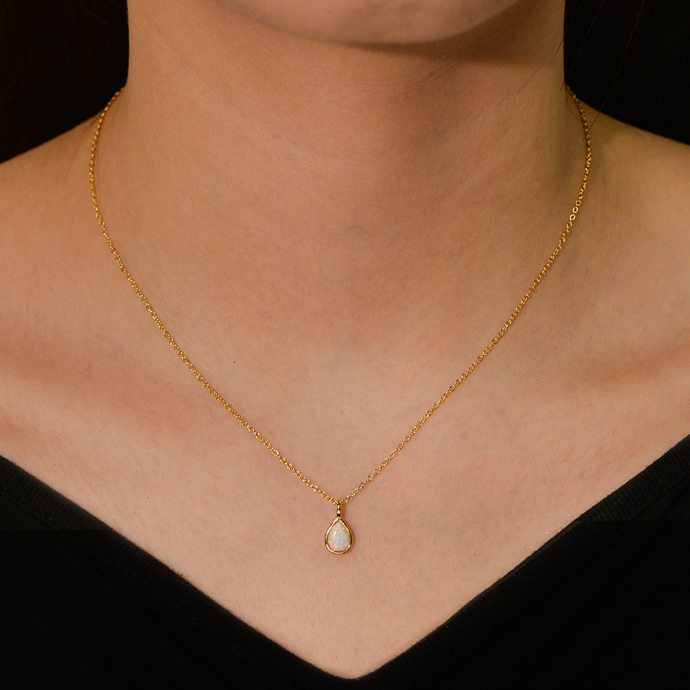 S Pure Sier Geometric Pear-Shaped Opal Necklace Light Ins High-End Simple Water Drop Pendant Collarbone Chain Jewelry for Women