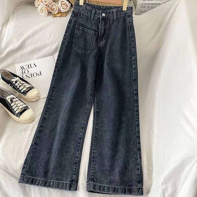 Autumn Spring Women Denim Vintage Straight Trousers Fashion Female Solid Pocket Casual Jeans Wide Leg Pants