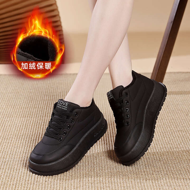 Platform Thick Sole Solid Color Women's 2025 New Autumn Winter Sneakers Versatile Loafers Fleece Lined Cotton Shoes