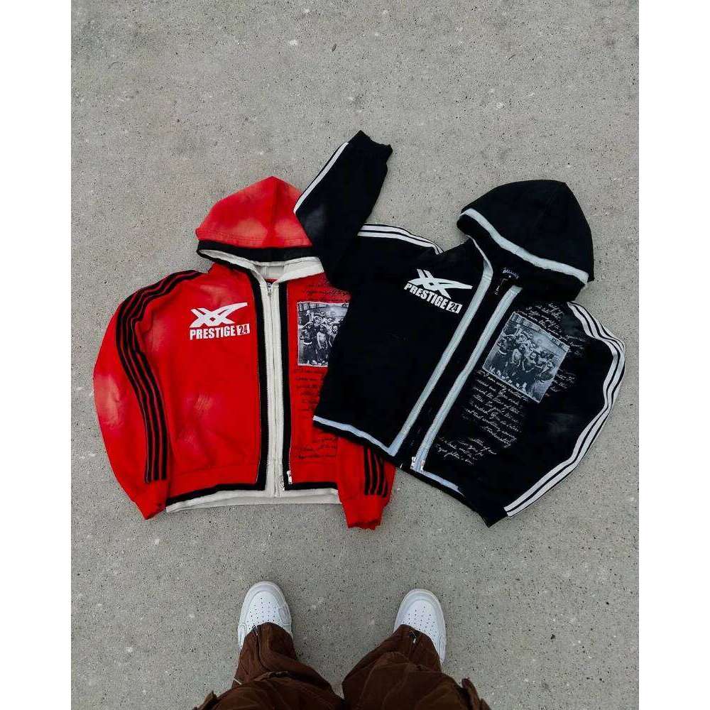 American Fashion Trend Zipper Patchwork Design Coat Hoodie Gothic Haruku Hip Hop Men Streetwear Oversized Sweatshirt