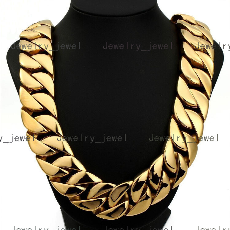 Mens 32mm Large Heavy Polished Gold Plated Stainless Steel Chunky Cuban Curb Chain Link Necklace