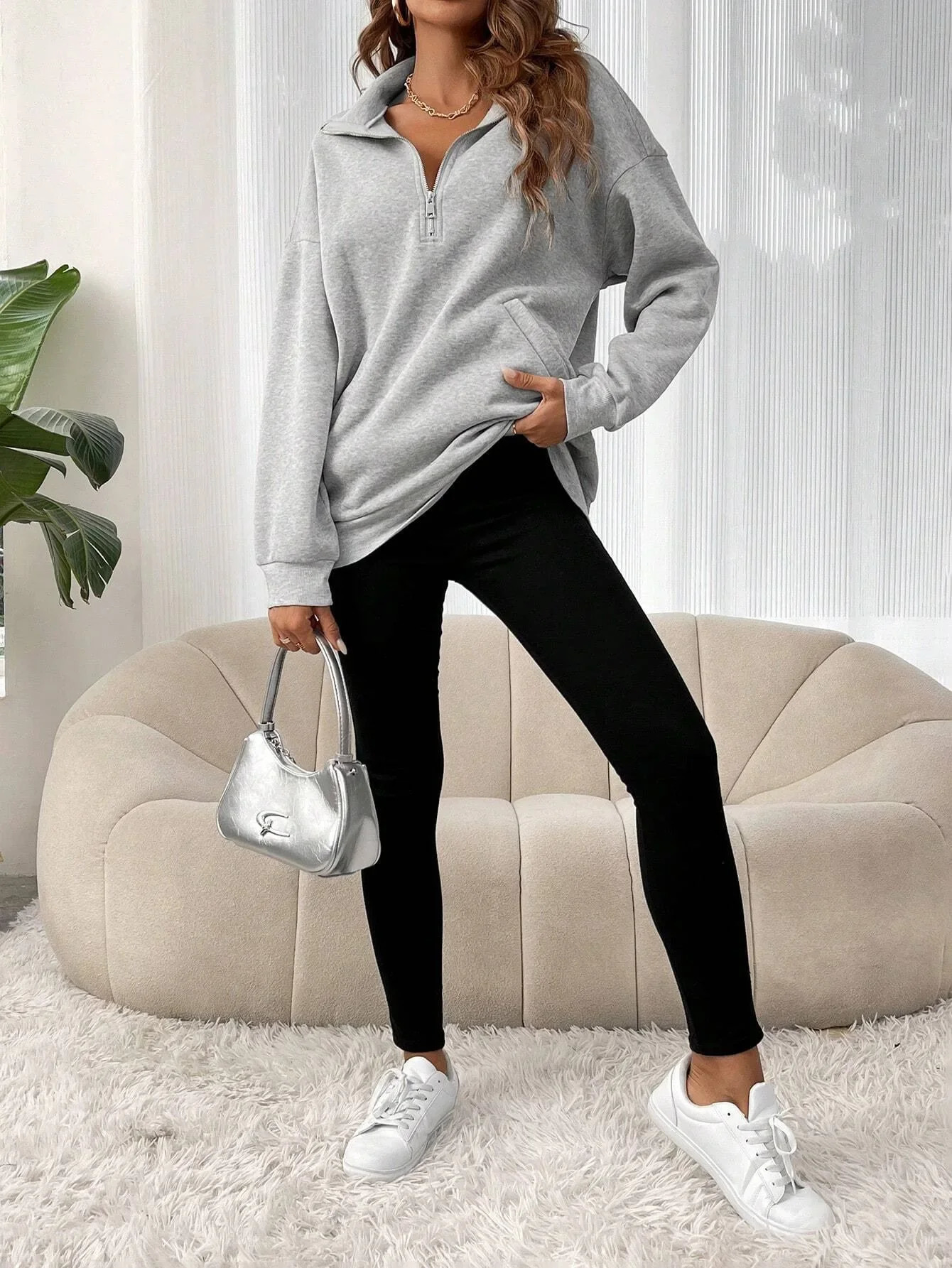Autumn Winter Fashion Zipper Lapel Solid Color Casual Womens Top Sweatshirt Pullover Long Sleeve 250813