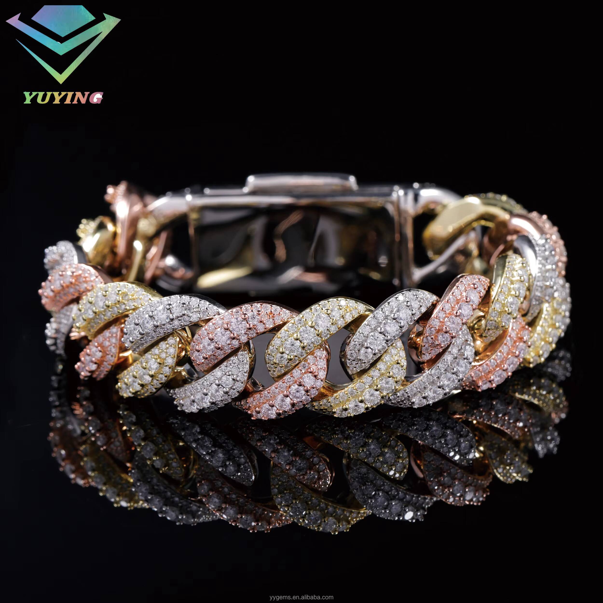 3 Tone White Rose Gold Tricolor Men Iced Out Moissanite Raised S VVS Dia Cuban Link Chain Necklace Jewelry