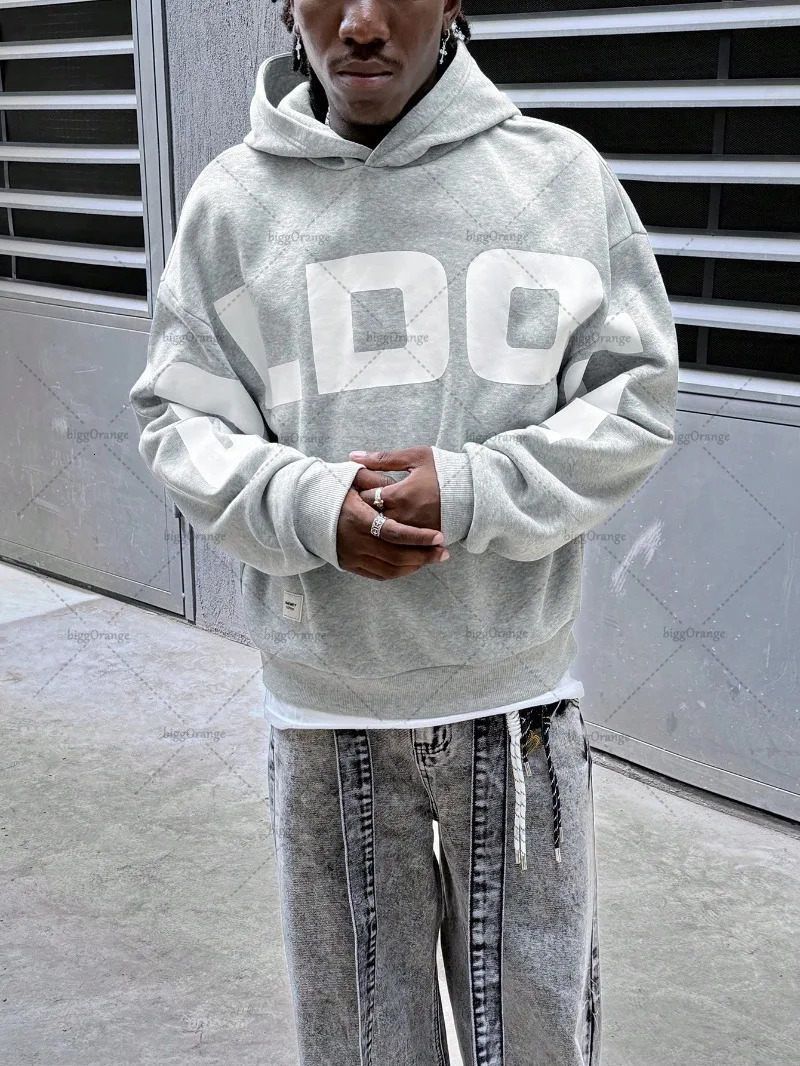 High Street Trendy Streetwear Hip-Hop American Retro Letters Gray Hoodie Gothic Harajuku Casual Loose Oversized Sweatshirt Men 250813
