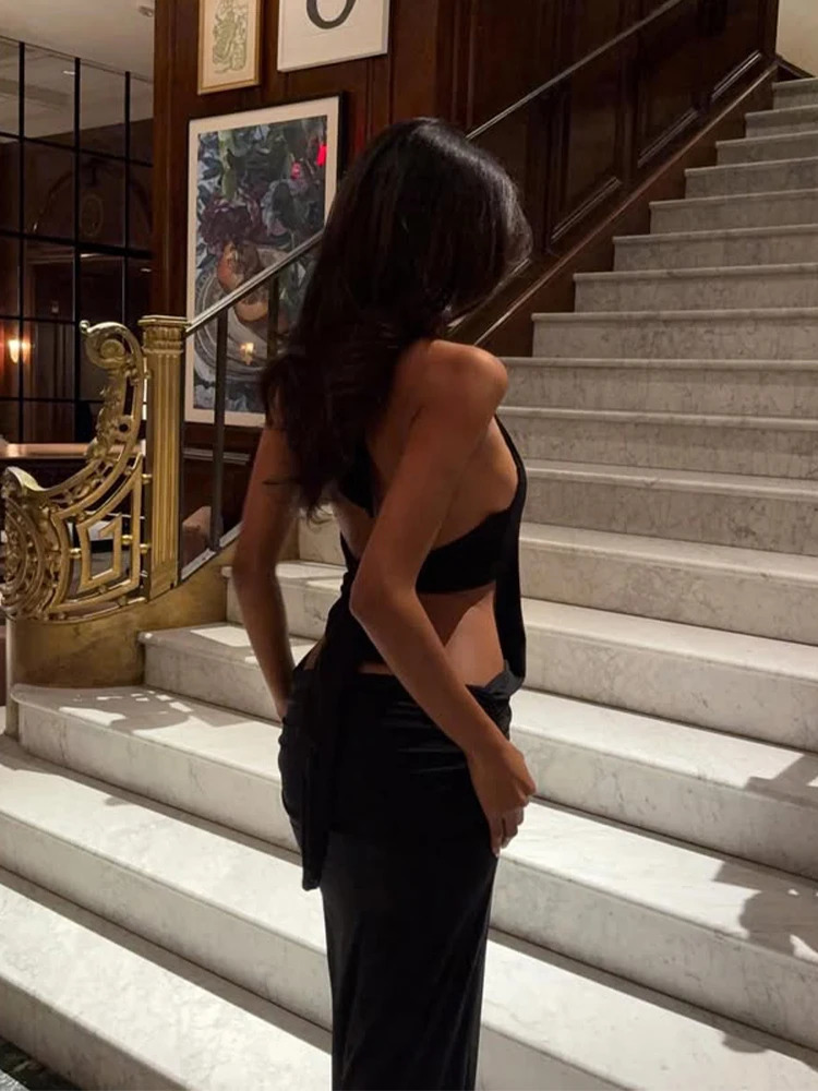 Ahagaga Fashion Halter Womens Maxi Dresses Solid Deep V-Neck Sleeveless Blackless Bandage Sheath Bodycon Party Vestidos Robes 250813