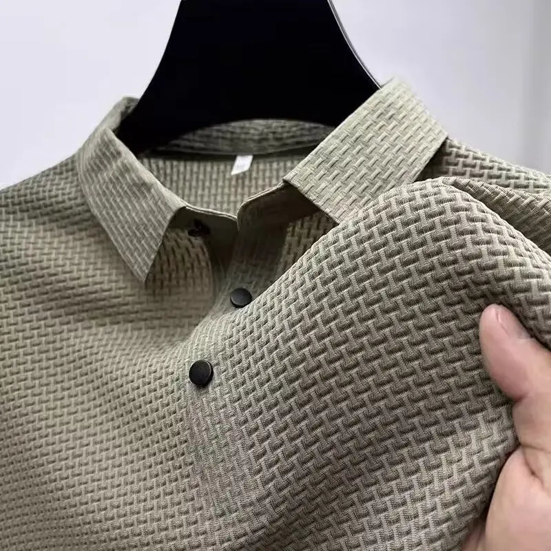 Summer Mens Lop-up Hollow Short-sleeved Polo Tee Shirt Ice Silk Breathable Business Fashion T-Shirt Male Clothes 250813