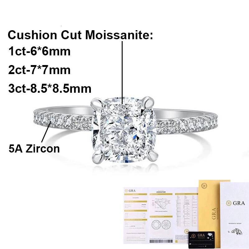 BXINY 1/2/3CT Cushion Cut Moissanite Ring 925 Sterling Silver GRA Certified Lab Diamond For Women Wedding Band Fine Jewelry Gift