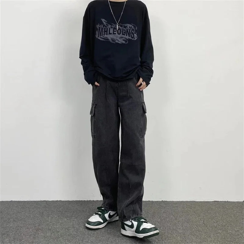 Baggy Straight Mens Cargo Jeans Fashion Streetwear Hip Hop Wide Pants Harajuku Y2K High Street Korean Male Denim Trousers 250813