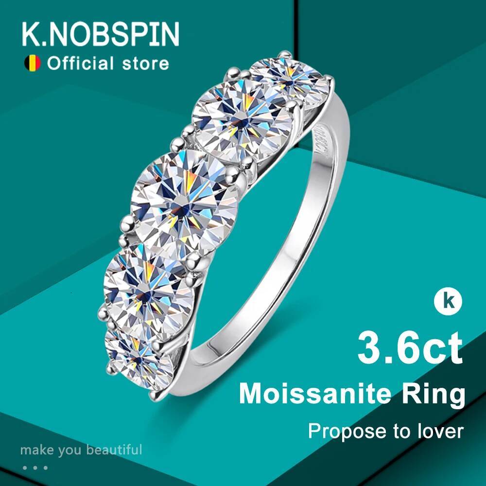 KNOBSPIN 5 Stones 3.6CT D Color Moissanite Rings for Women Sparkling Diamonds with Certificates 925 Sterling Sliver Wedding Ring