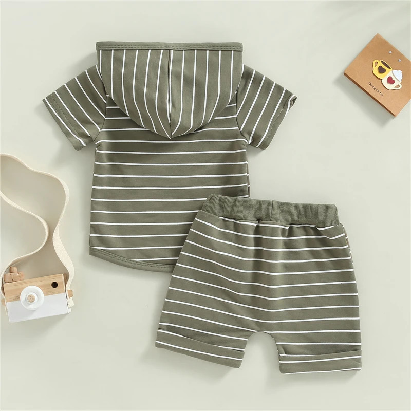 Toddler Baby Boys Summer Clothing Outfits Stripes Short Sleeve Hooded Sweatshirt and Casual Elastic Drawstring Shorts Set 250813