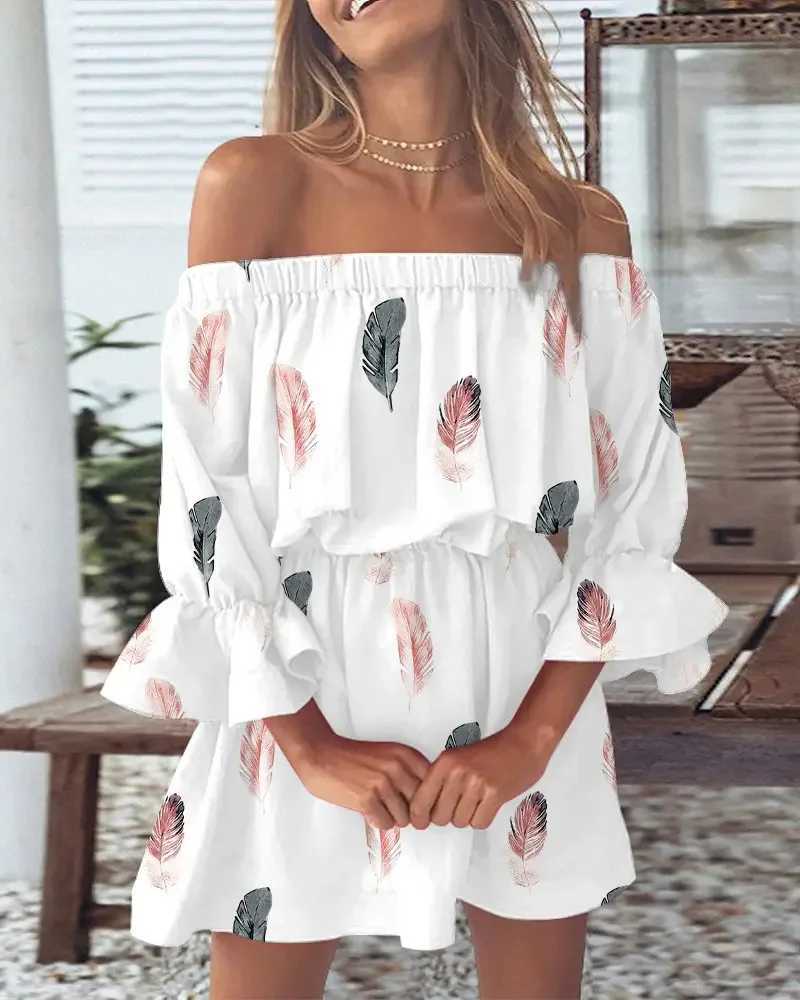 Women Summer Style Mini Dress Lady Casual Slash Neck Half Flare Sleeve Printed Dress Vestidos XJ250814